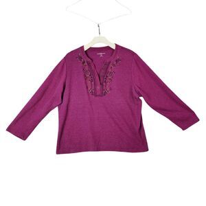 Croft & Barrow Purple Thermal Henley Floral Embroidered Long Sleeve Top Women 2X